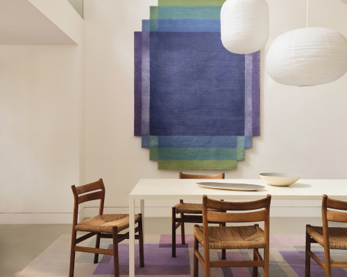 Deirdre Dyson SQUARE CUTS (wall) and SUSPENSE (floor) hand knotted wool and silk rug
